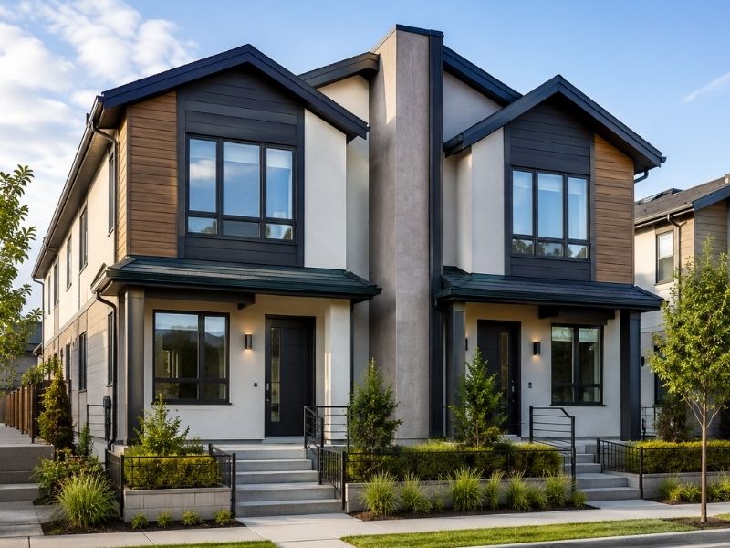 Modern attached townhomes featuring a shared party wall in a contemporary residential development with landscaped front yards and separate entrances.