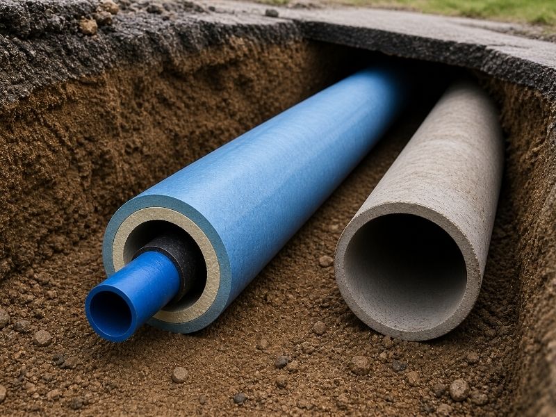 Connected piping and plumbing fittings including elbows, valves, tees, and couplings used for efficient fluid flow systems 
