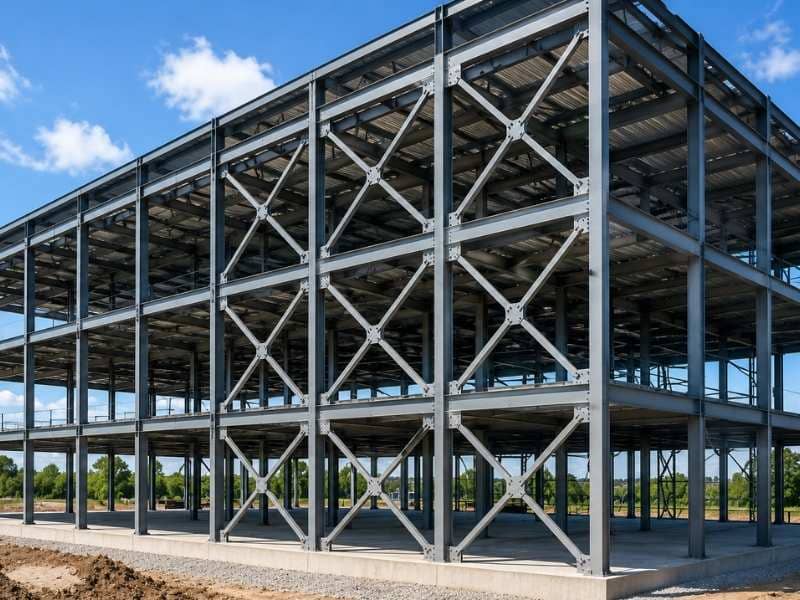 X-bracing structural engineering system installed on a multi-story steel building to improve lateral stability and resist wind and horizontal loads.
