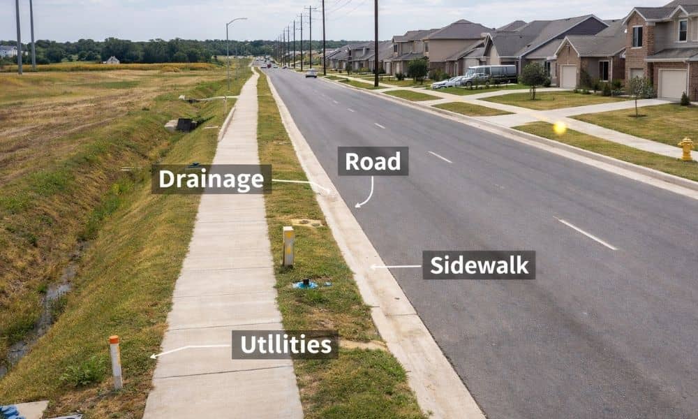 Street view of a roadway corridor with sidewalks, drainage, and utilities illustrating right of way and public infrastructure