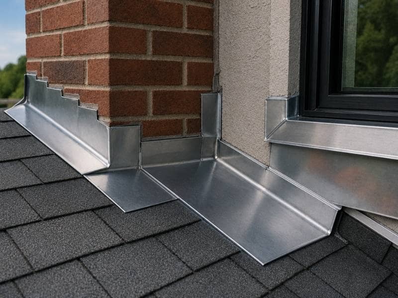 Flashing installed around a roof chimney and window to prevent water intrusion and protect the building envelope from leaks.