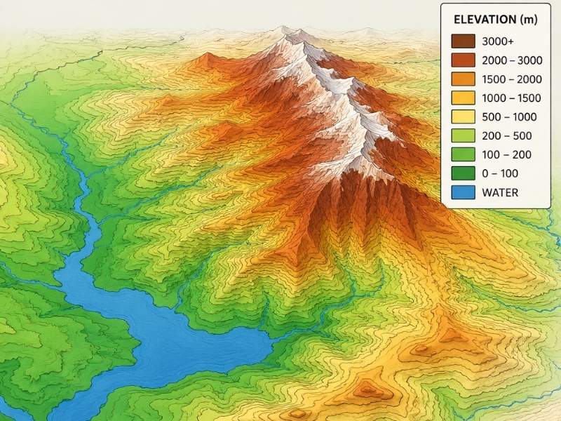 Illustration of a hypsometric curve with a color-coded terrain elevation map showing contour lines, mountains, rivers, and surface area distribution.
